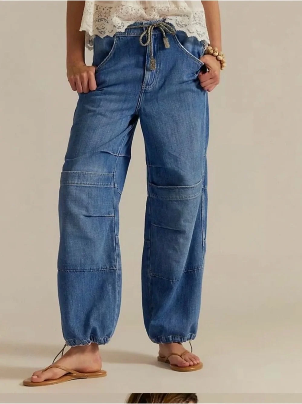 Free People Washed Blue Logan Cinched Drawstring Jeans